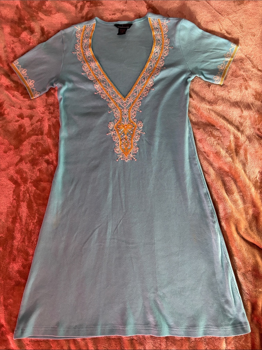 Moda International Light Blue Tunic Dress with Yellow & White Embroidery